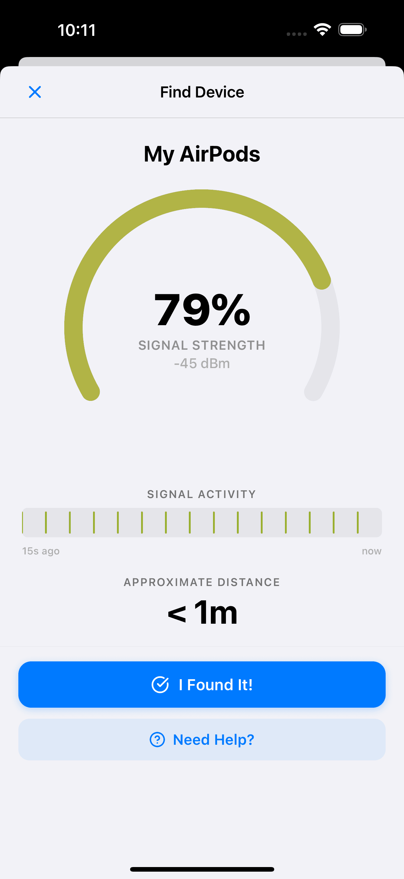 Device Scout Find Device screen showing signal strength and approximate distance